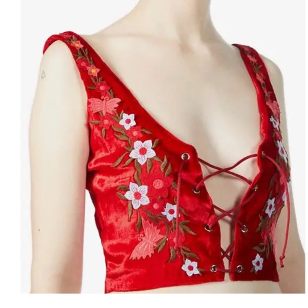 ERL Red Floral Embroidered velvet Crop Top size S